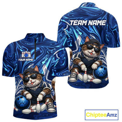 Blue marbled quarter-zip with a cat bowling design and customizable text on a white background