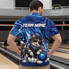 Load image into Gallery viewer, Person wearing a blue bowling-themed shirt with a cat design in an indoor setting, likely a bowling alley.