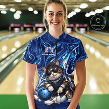 Load image into Gallery viewer, Person wearing a blue bowling shirt with a cat design in a bowling alley.