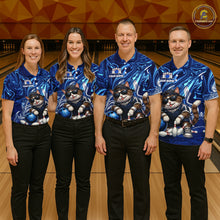 Load image into Gallery viewer, Four people wearing matching blue bowling shirts with a cat design on a bowling alley.