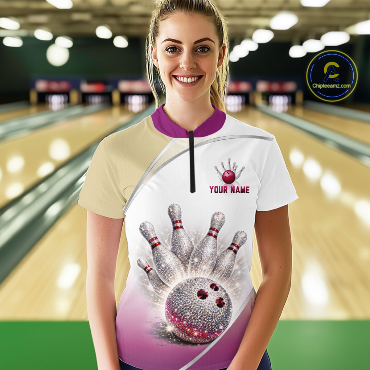 Custom Rhinestone Bowling Shirt for Women Gradient Bowling Team Jersey Polo & Quarter-Zip Bowling Outfit QZT965