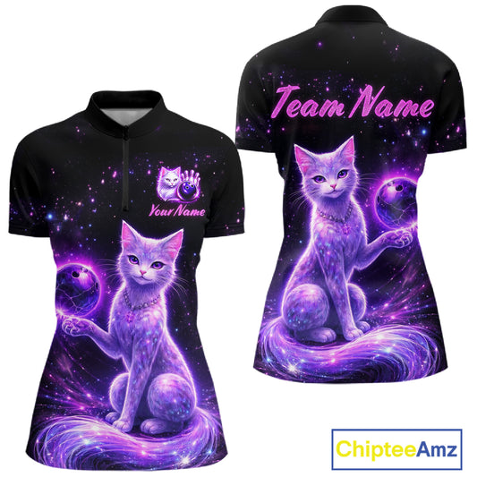 Cat Aurora Galaxy Bowling Shirt  for Women Custom Neon Glow Bowling Jersey Polo & Quarter-Zip QZT968