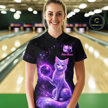 Cat Aurora Galaxy Bowling Shirt  for Women Custom Neon Glow Bowling Jersey Polo & Quarter-Zip QZT968