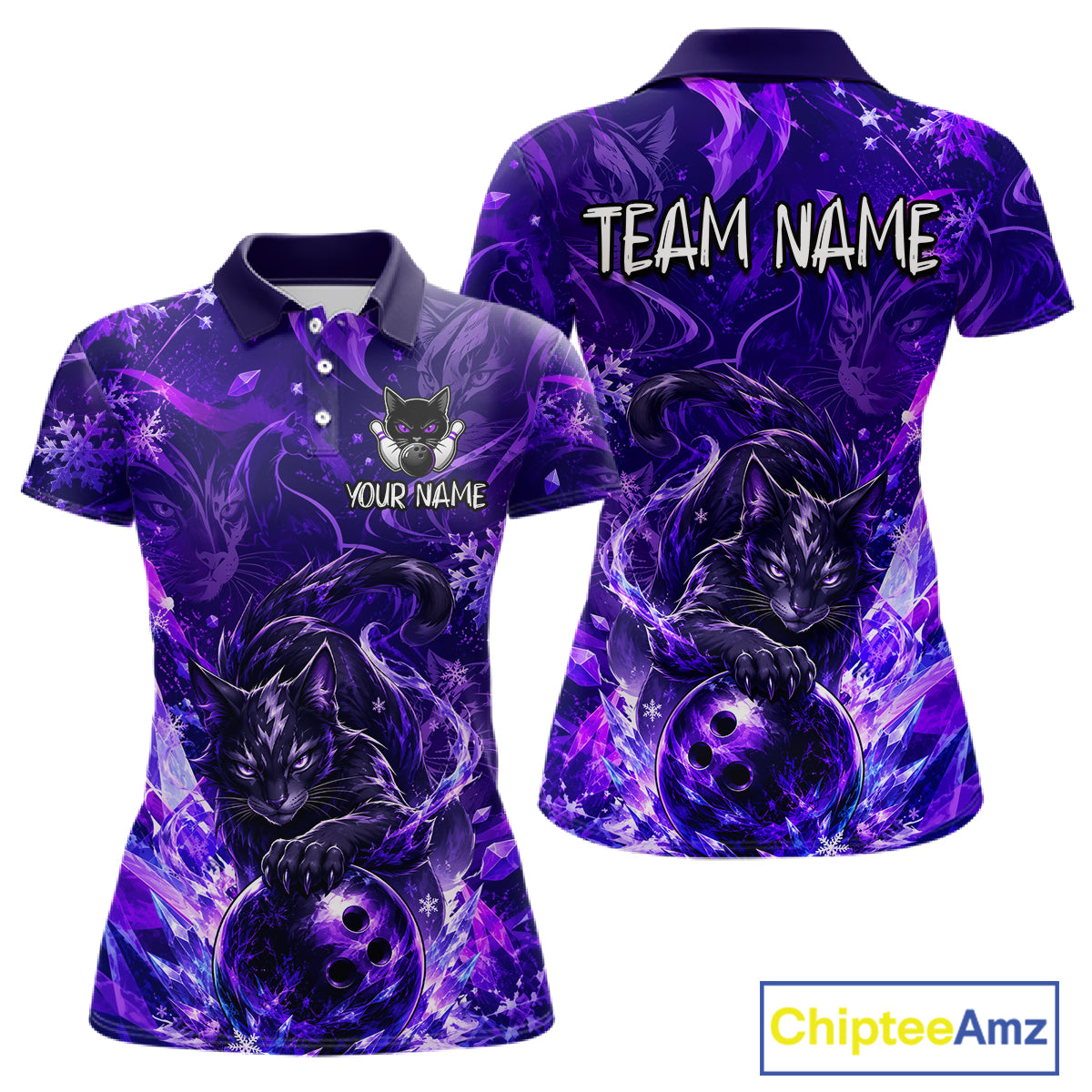 Purple polo shirt with black cat design and customizable text on a white background
