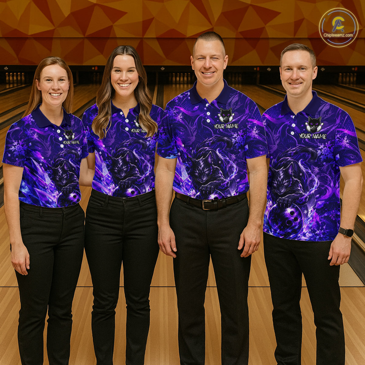 Bowling team wearing custom purple cat bowling shirts, group front view mockup, personalized team jerseys.