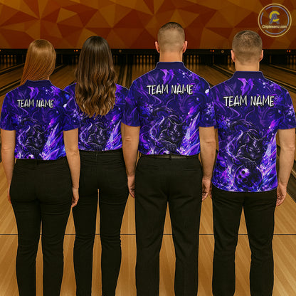 Bowling team wearing custom purple cat bowling shirts, group back view mockup, personalized team jerseys.
