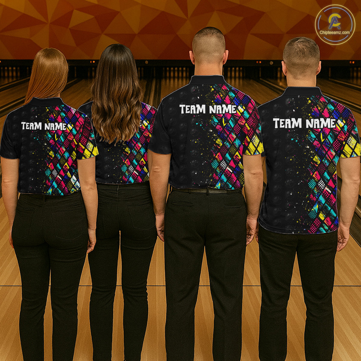 Four people wearing matching bowling shirts with colorful patterns and 'Team Name' text on a bowling alley.