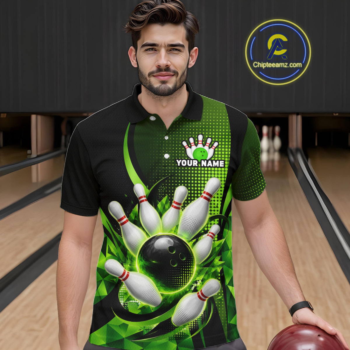 Man wearing a custom bowling shirt with a design and placeholder text 'Your Name' in a bowling alley.