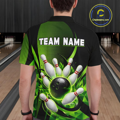 Person wearing a bowling-themed shirt with 'TEAM NAME' on a bowling alley background