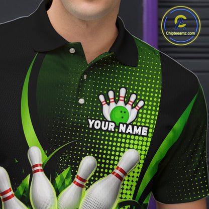 Green and black bowling shirt with a design and space for text, worn by a person.