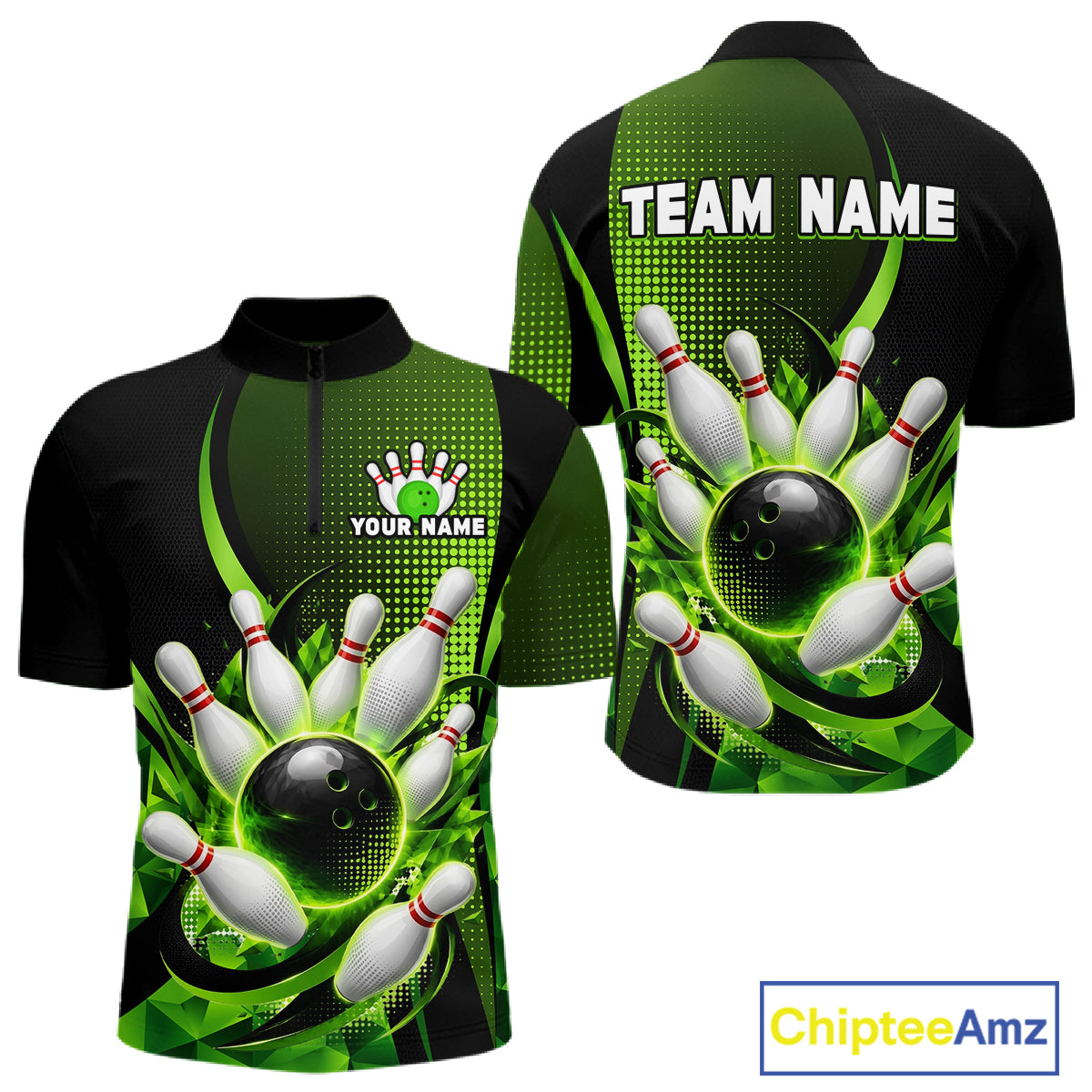 Bowling-themed shirt with customizable text on a white background