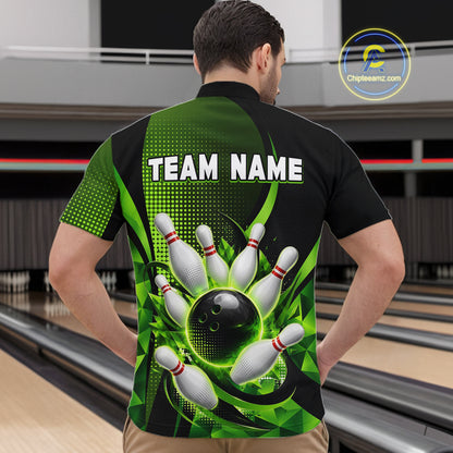 Person wearing a bowling-themed shirt with a graphic design in a bowling alley.