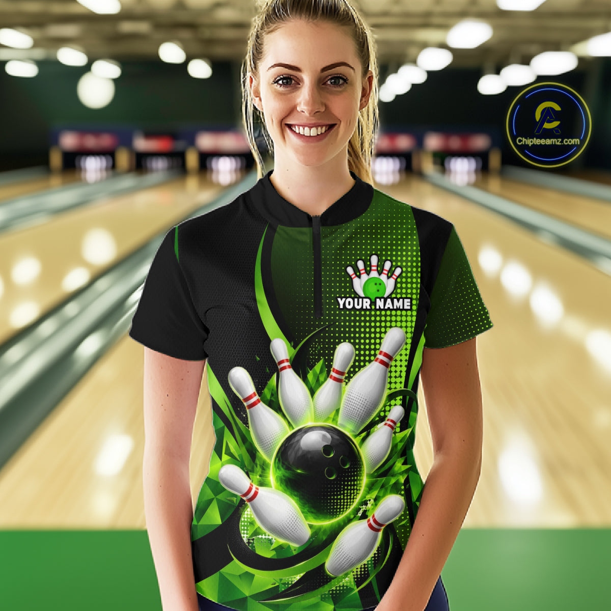 Person wearing a custom bowling shirt with a bowling design in a bowling alley.