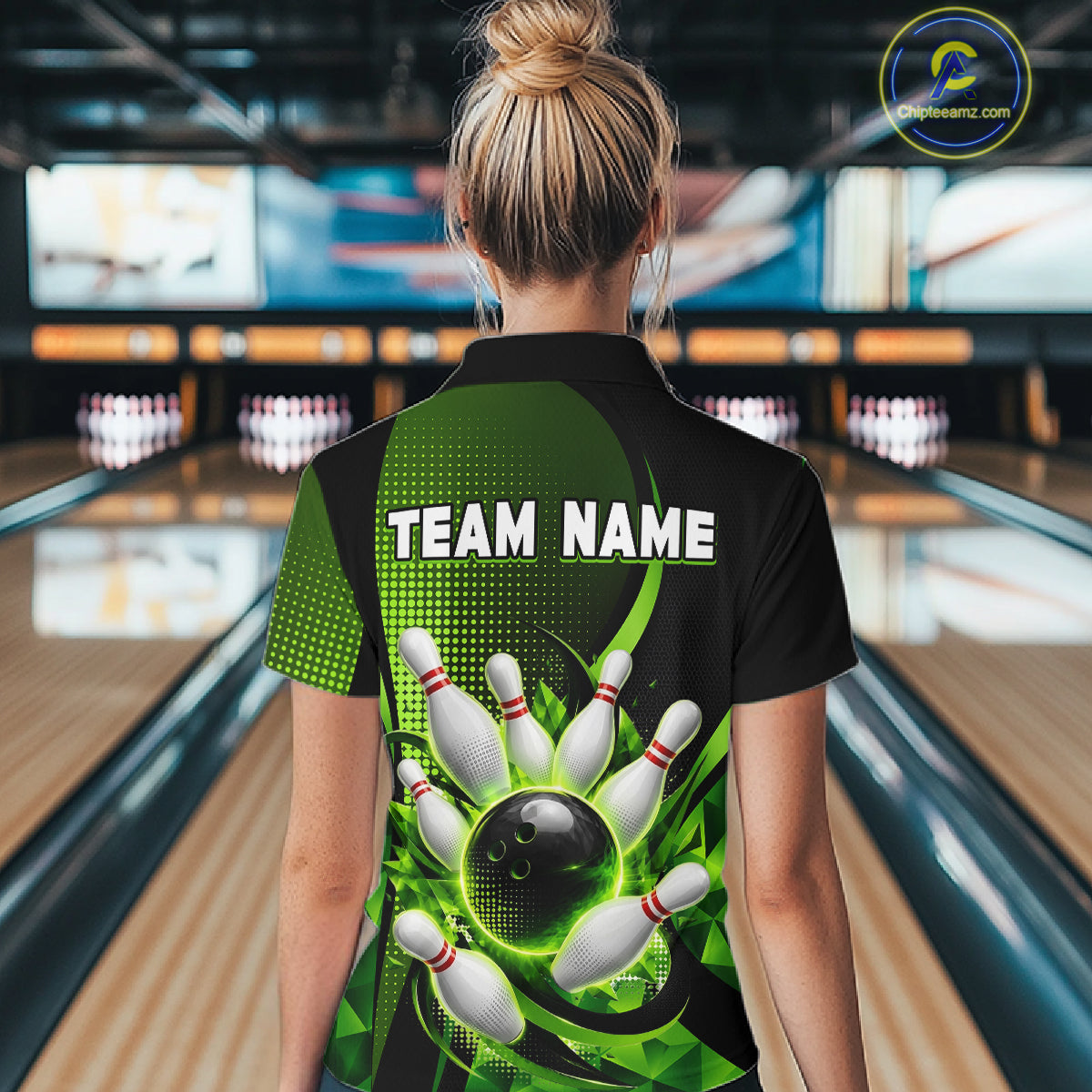 Person wearing a bowling-themed shirt with 'TEAM NAME' text in a bowling alley.