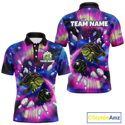 Colorful bowling-themed polo shirt with turtles, bowling balls, and pins on a white background. Brand 'Chiptee Amz' visible.