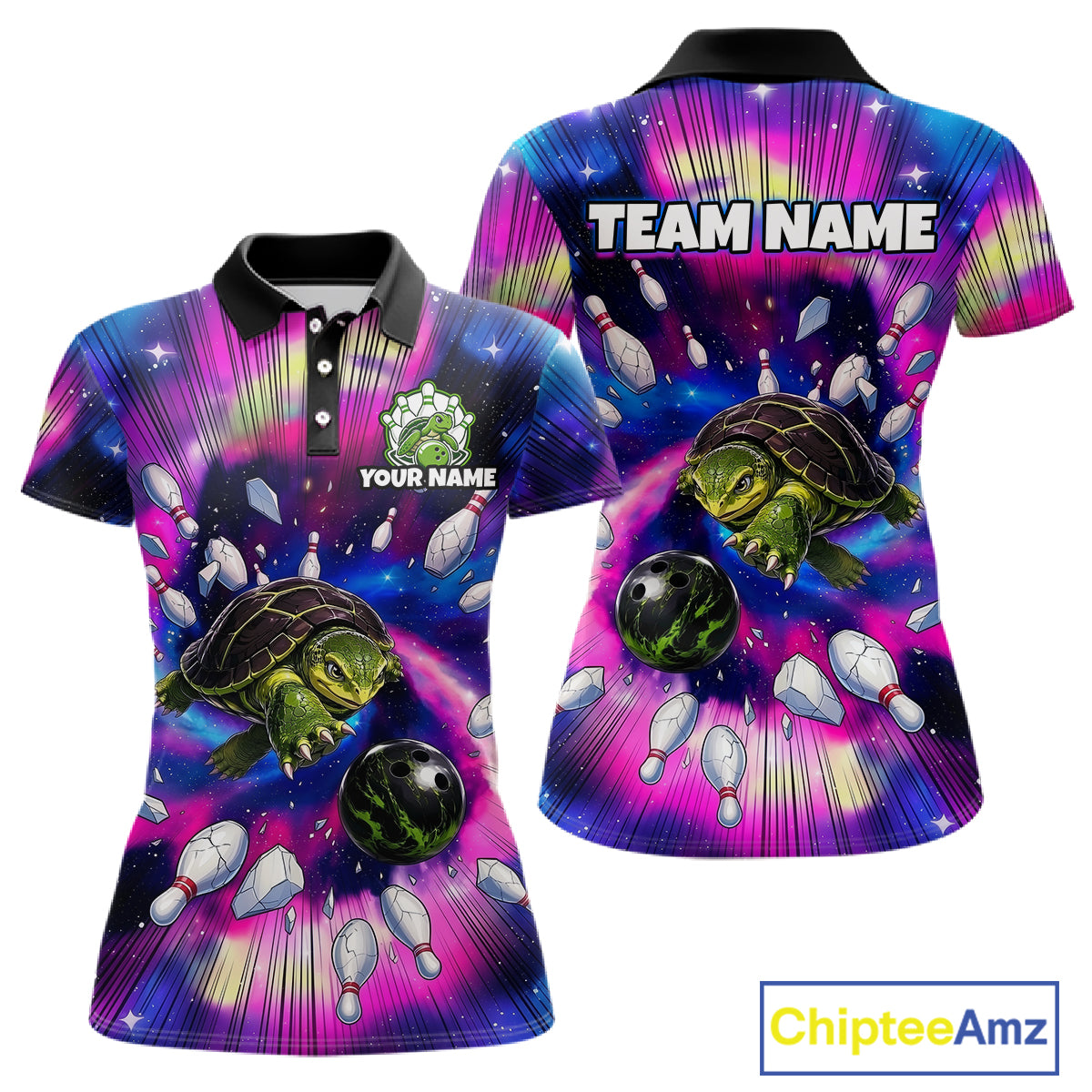 Colorful bowling-themed polo shirts with turtles and bowling pins, featuring customizable text and Chiptee Amz branding.