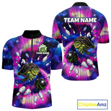 Load image into Gallery viewer, Colorful bowling-themed shirt with turtles and bowling balls on a white background, featuring 'Chiptee Amz' branding.