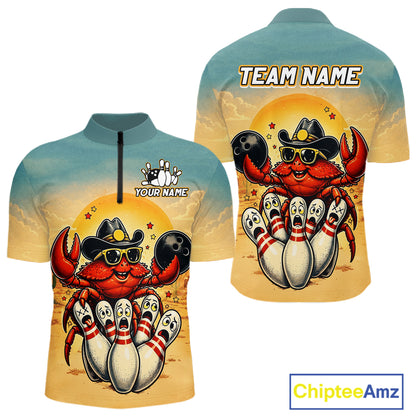 Two views of a sports jersey with a crab character and bowling design, featuring 'Chiptee Amz' branding.