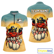 Load image into Gallery viewer, Two quarter-zip jerseys with a crab design and bowling elements, one with 'Your Name' and 'Team Name' text, the other with 'Chiptee Amz' branding.