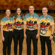 Load image into Gallery viewer, Four people wearing matching bowling shirts with a colorful design on a bowling alley background.
