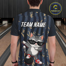 Load image into Gallery viewer, Person wearing a bowling shirt with a cat graphic and 'TEAM NAME' text in a bowling alley.