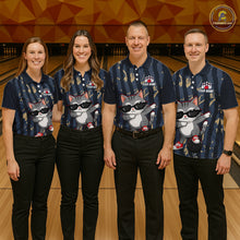 Load image into Gallery viewer, Four people wearing matching bowling shirts with a cat design on a bowling alley.
