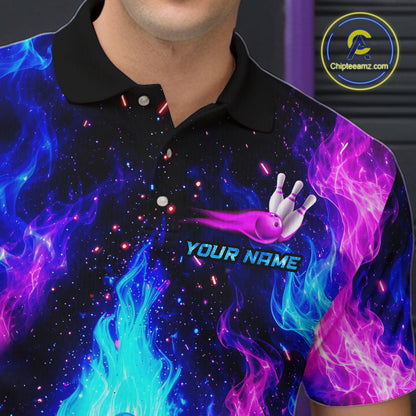 Black polo shirt with colorful flames and a bowling ball design, featuring 'Chipleezamz' logo.