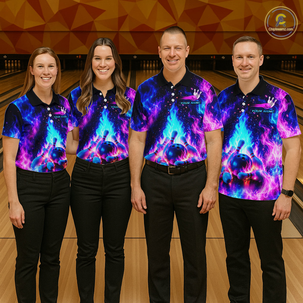 Four people wearing matching colorful bowling shirts in a bowling alley.