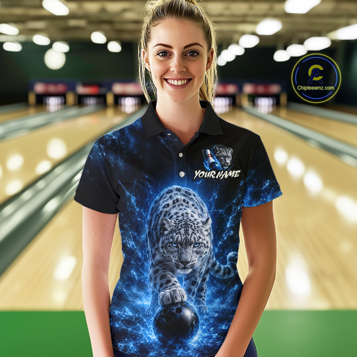 Woman wearing a bowling shirt with a leopard design in a bowling alley.