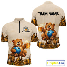 Load image into Gallery viewer, Beige bowling jersey with bear design and customizable text on a white background