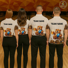 Load image into Gallery viewer, Four people wearing bowling shirts with a bear graphic and 'Team Name' text on a bowling alley.