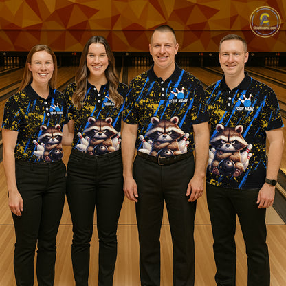 Custom Yellow & Blue Funny Raccoon Bowling Team Shirt for Men Bowling Jersey League Polo & 1/4-Zip QZT882