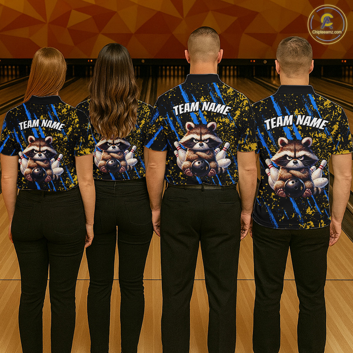 Custom Yellow & Blue Funny Raccoon Bowling Team Shirt for Men Bowling Jersey League Polo & 1/4-Zip QZT882