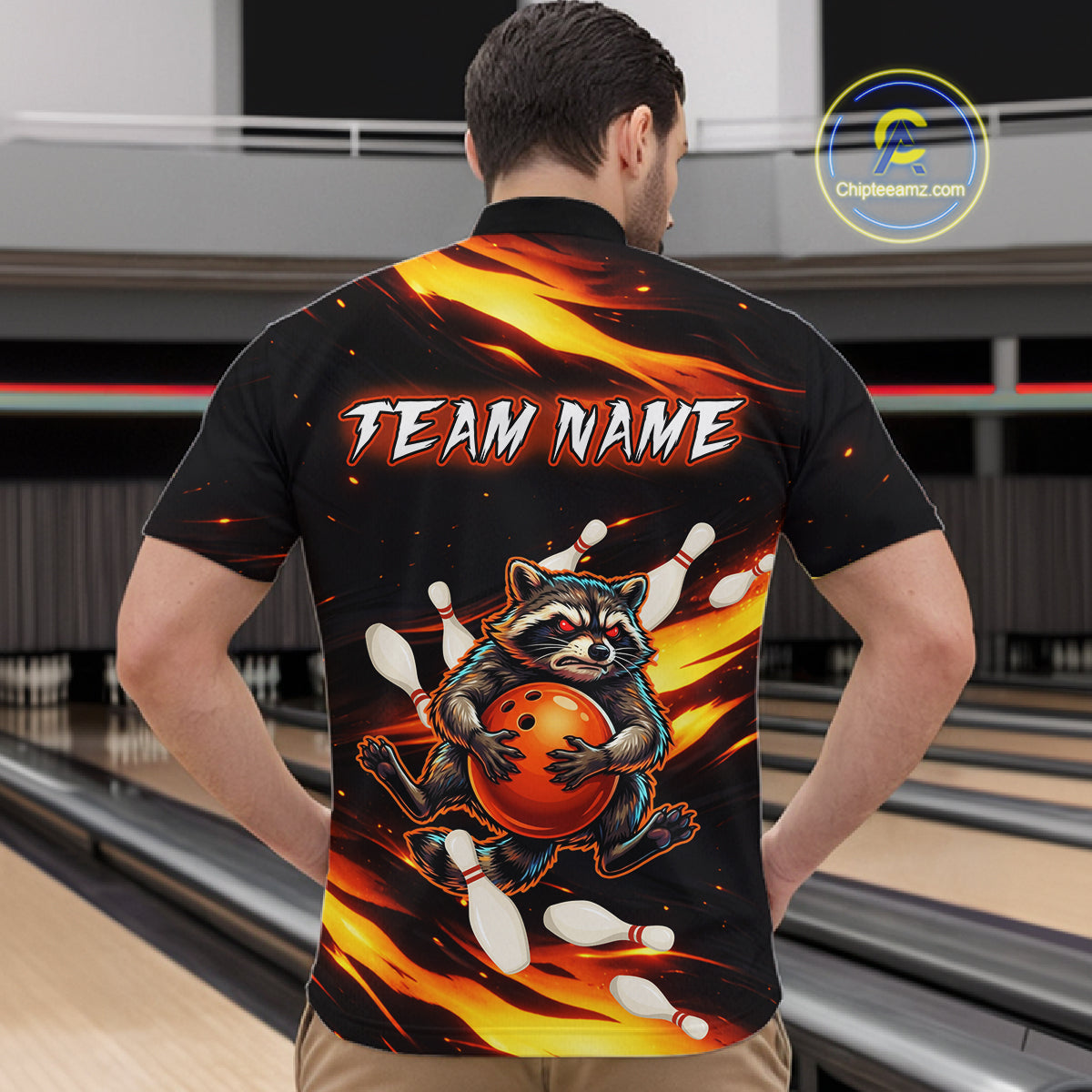 Custom Orange Funny Raccoon Bowling Shirt for Men Bowling Jersey Polo & Quarter-Zip Bowling Outfit QZT969