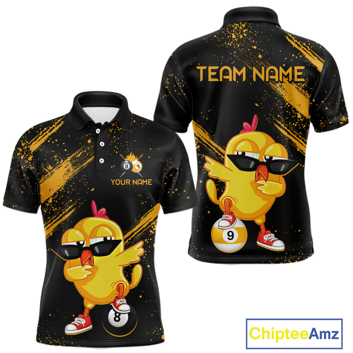 Black polo shirt with cartoon chick design and customizable text on a white background
