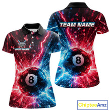 Load image into Gallery viewer, Two views of polo shirts with 8-ball design and customizable text on a white background