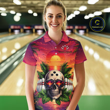 Load image into Gallery viewer, Person wearing a colorful bowling shirt with a skull design in a bowling alley.