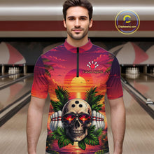 Load image into Gallery viewer, Man wearing a colorful shirt with a skull design in a bowling alley.