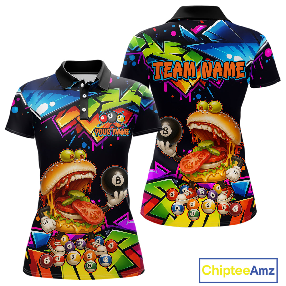 Colorful polo shirt with a burger and billiards design, featuring 'Chiptee Amz' branding.