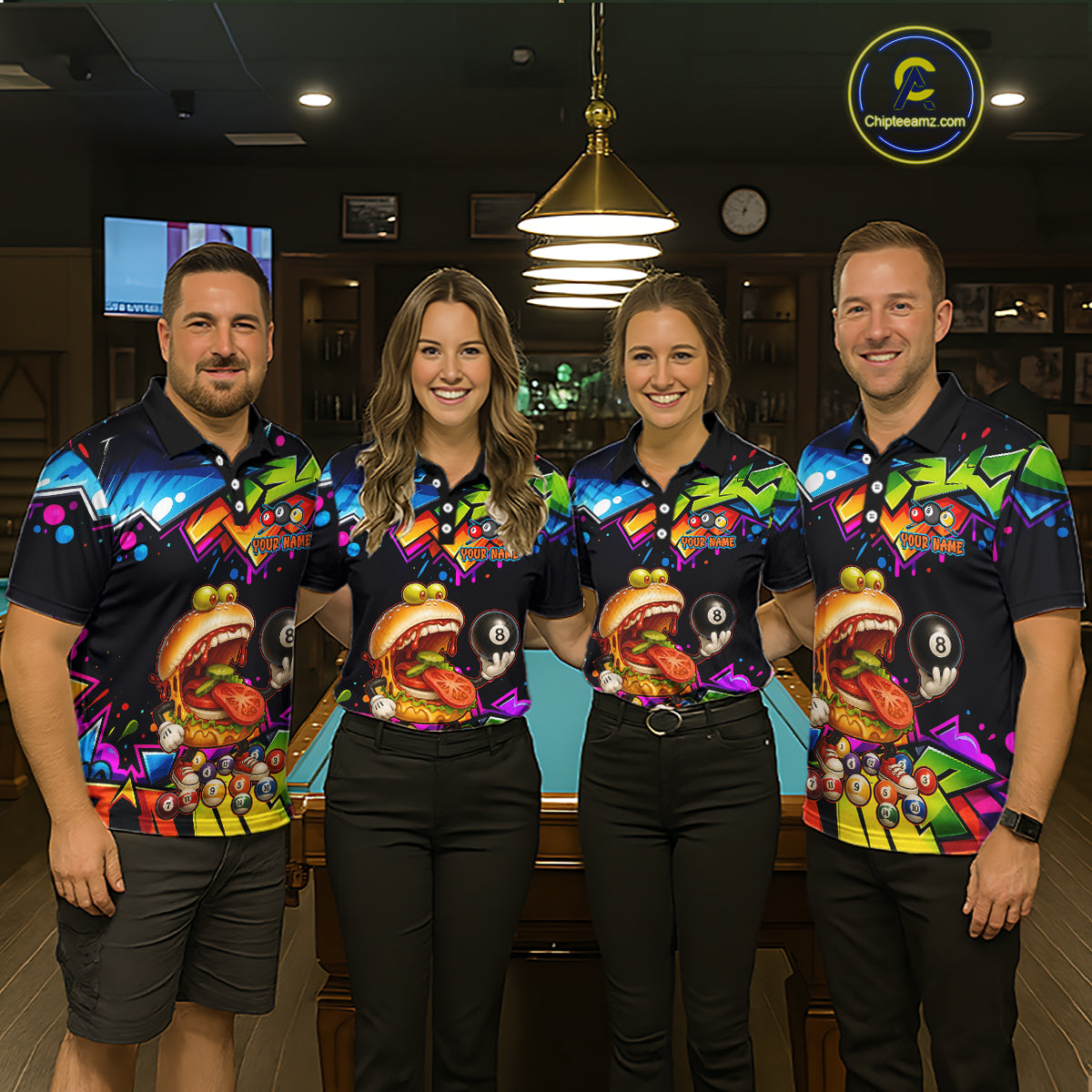 Four people wearing colorful bowling shirts with a burger and 8-ball design in a bowling alley.