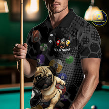 Load image into Gallery viewer, Man holding a pool cue wearing a shirt with a pug and pool ball design.