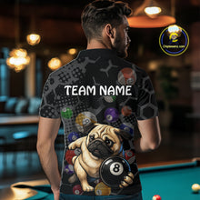 Load image into Gallery viewer, Person wearing a shirt with a pug holding a pool ball design in a bar setting.