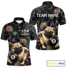 Load image into Gallery viewer, Polo shirt with pug dogs and pool balls design on a black background, featuring 'Chiptee Amz' branding.