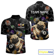 Load image into Gallery viewer, Black sports jersey with pug dog design and billiard balls, customizable text on a white background.