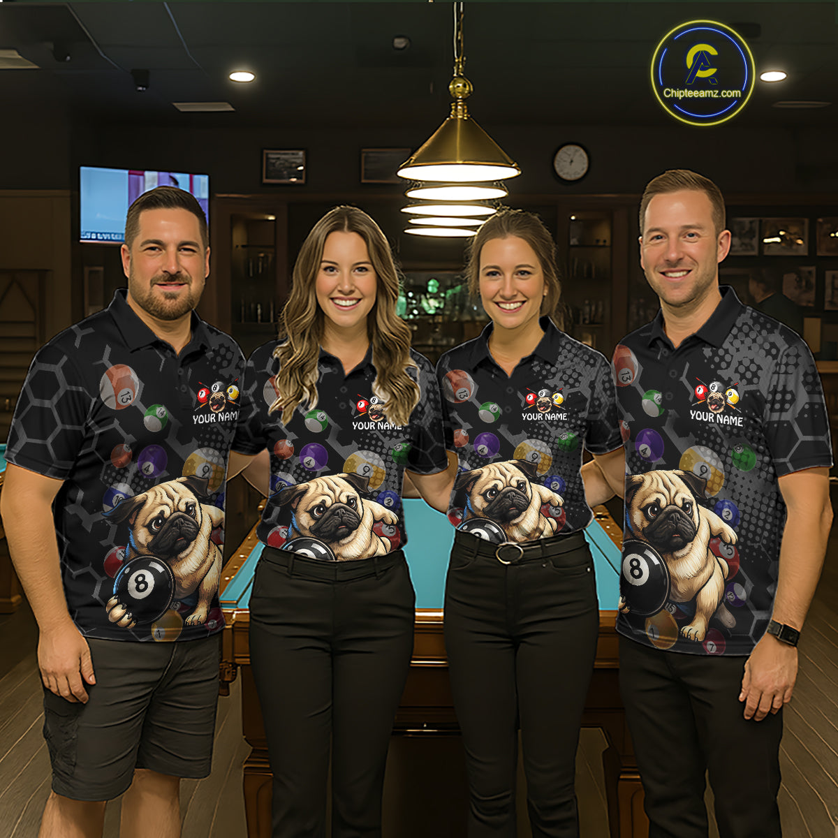 Four people wearing matching shirts with pug and pool ball designs in a bar setting.