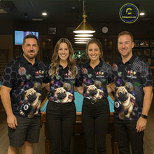 Load image into Gallery viewer, Four people wearing matching shirts with pug and pool ball designs in a bar setting.