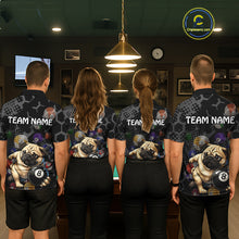Load image into Gallery viewer, Four people wearing matching shirts with a pug and pool ball design in a room.