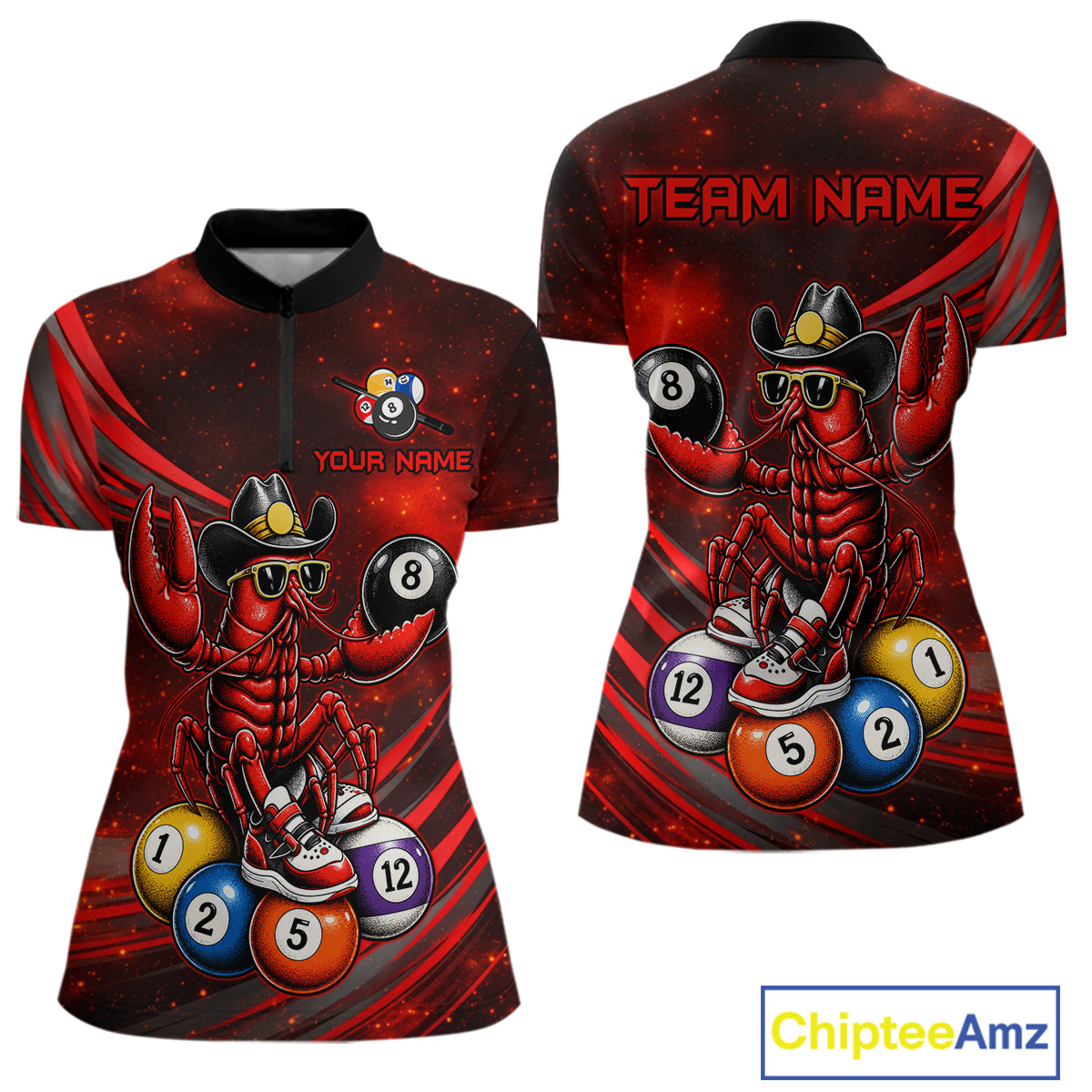 Customizable sports jersey with a crawfish design and customizable text on a red and black background.