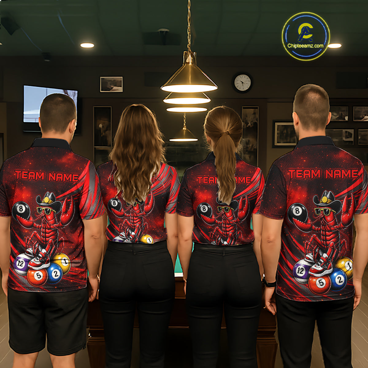 Four people wearing matching red and black sports jerseys with a team logo in a bar setting.