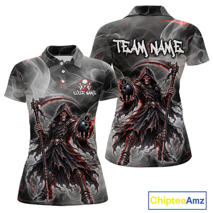Front and back views of a short-sleeve polo shirt featuring a dark grim reaper graphic with a scythe, smoke effects, and customizable text placeholders reading 'TEAM NAME' and 'YOUR NAME'.